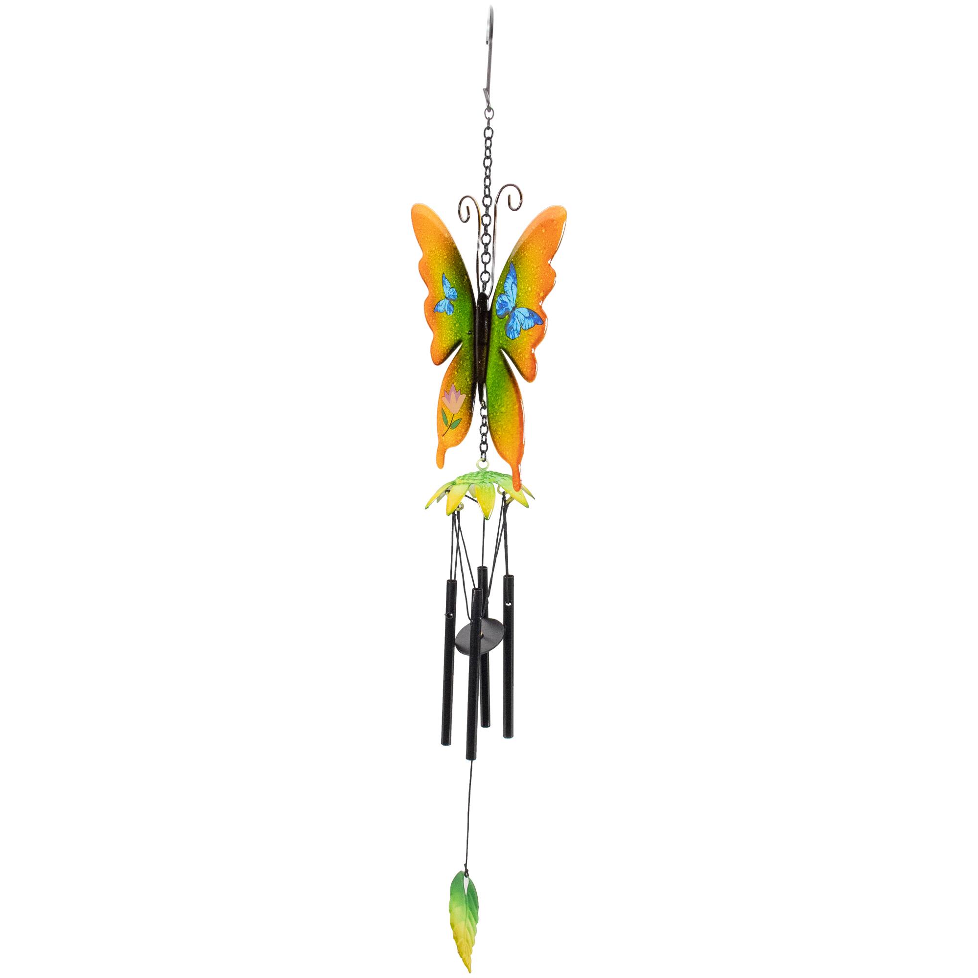 15.75" Orange & Green Metal Butterfly Outdoor Garden Windchime